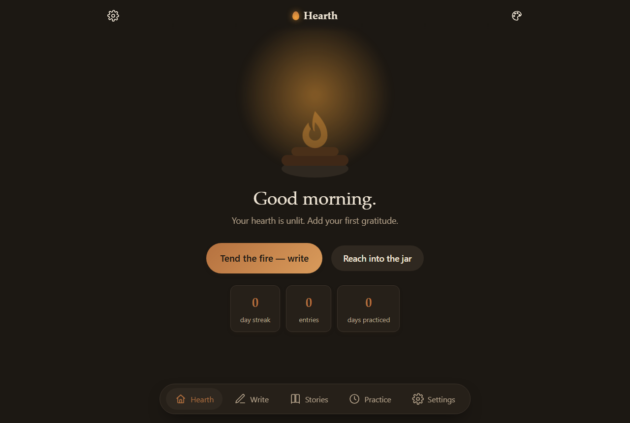 Hearth's home screen: a glowing hearth, a good-morning greeting, and buttons to write or reach into the jar.