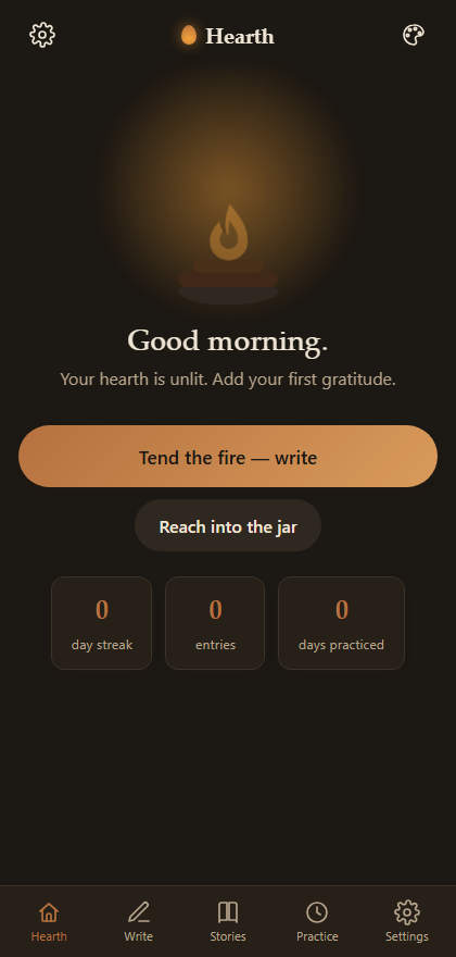 Hearth on a phone, showing the same hearth, greeting, and practice counters.